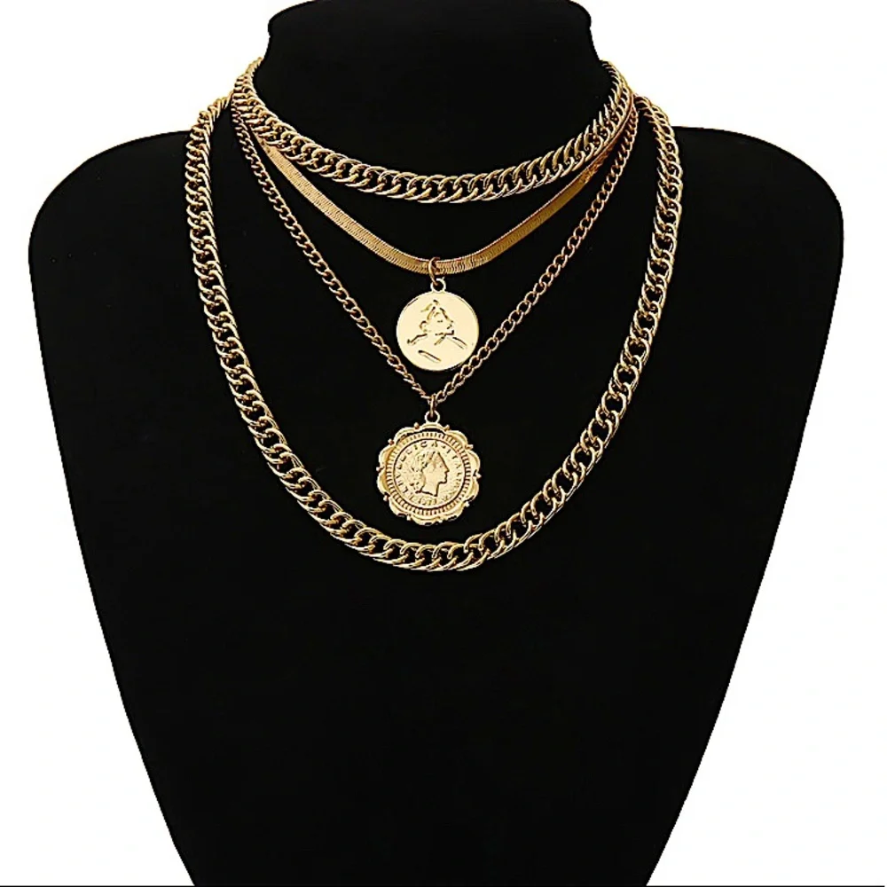 GOLD COIN VINTAGE MULTILAYER MINIMALIST NECKLACE - Picture 5 of 7